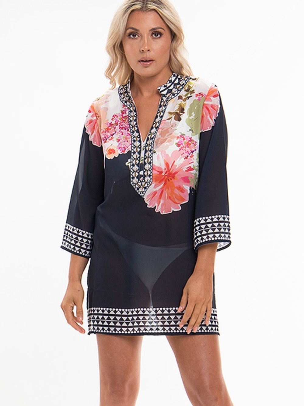 Pia Rossini Santos Tunic Swim Coverup Floral Black